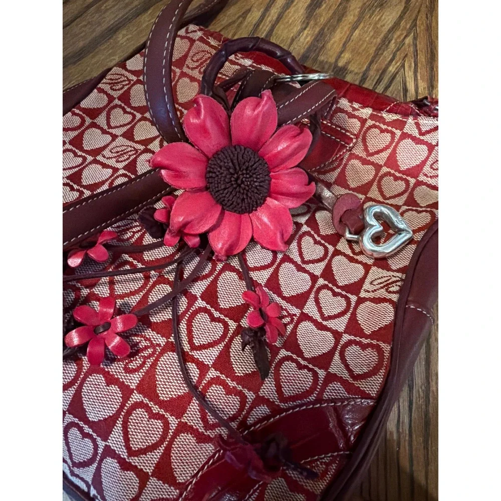 Brighton Red Heart Monogram Canvas Croc Embossed Leather Mini Backpack Bag